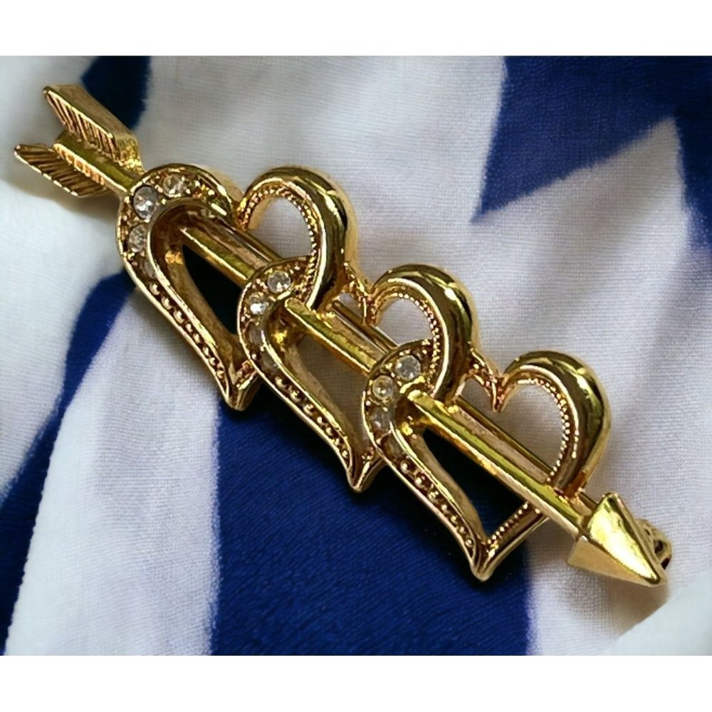 Vintage Triple Heart Arrow Brooch Avon Gold Tone Rhinestones